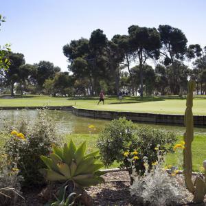 Jardines y estanques Buggies de golf siempre disponibles para golfistas del campo de golf del Parador de Málaga Gibralfaro
